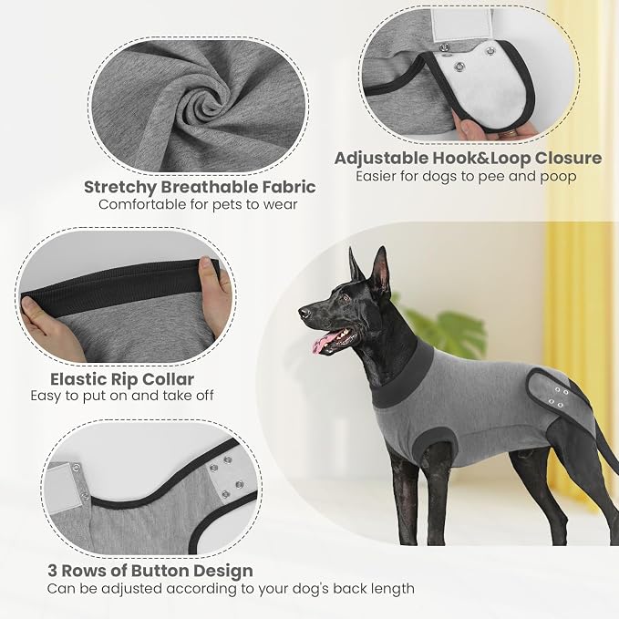 IDOMIK Dog Recovery Suit - Female Spay & Male Neuter Post Surgery Onesie, Anti-Licking Abdominal Wound Bandage & E-Collar Cone Alternative