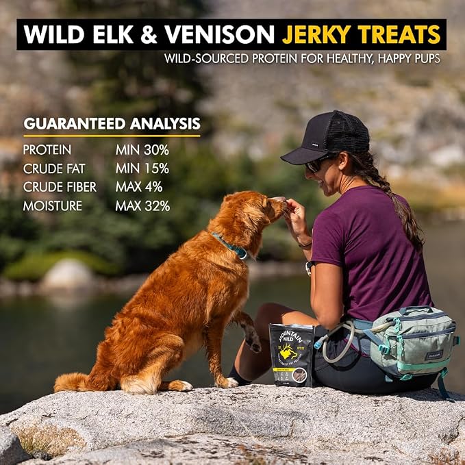 MOUNTAIN WILD Venison Jerky Training Treats for Dogs – Elk & Deer Meat Protein Dog Treat High-Value Reward – All-Natural, No Fillers, Grain-Free, No Artificial Preservatives – 8 oz (3 Pack)