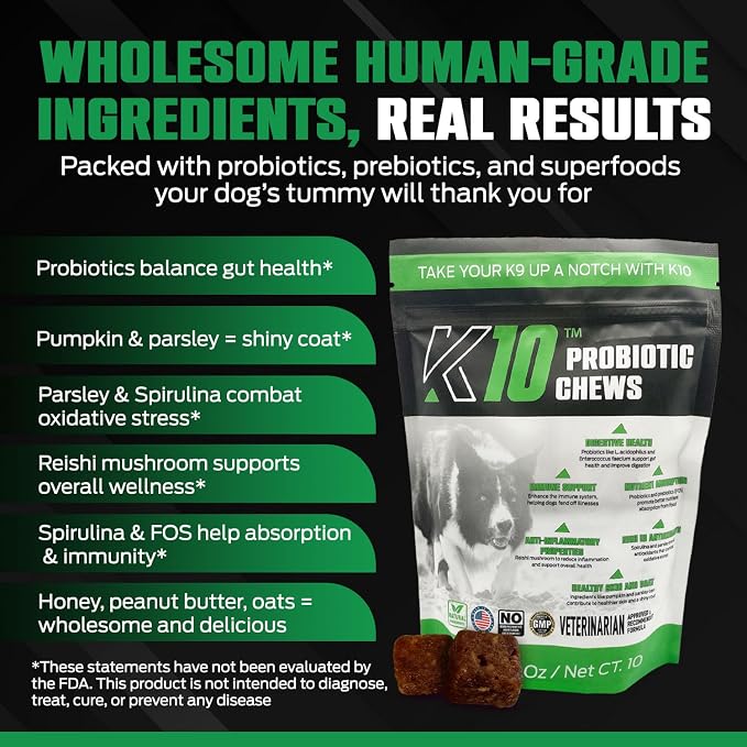 K10 Probiotic Chews for Dogs (10ct) – Advanced Digestive Support with Probiotics, Prebiotics & Superfoods – Vet-Preferred Dog Supplement for Digestion, Immunity, Skin, Coat & Everyday Vitality