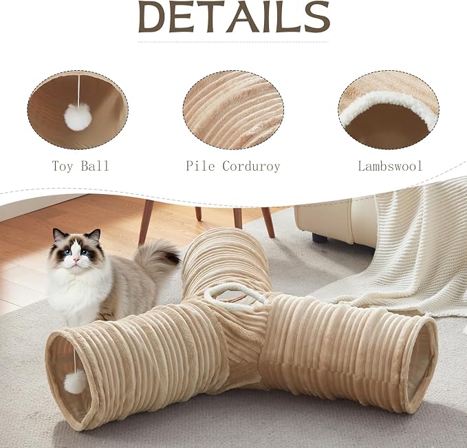 Cat Tunnel,3-Way Cat Tunnels for Indoor Cats, Cats Toys Collapsible Tube with a Fun Ball and Holes,Cat Play Tunnels,for Rabbits, Ferrets, Puppies,Diameter 12 Inch