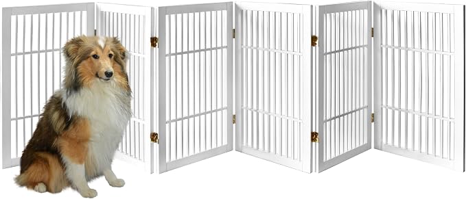 Urnporium Pet Dog Gate Freestanding, Strong Durable Folding Wooden Fence, Portable Acacia Hardwood Safety Barrier for Indoor & Outdoor Use (White Pet Gate, 6 Panel 30" Tall)