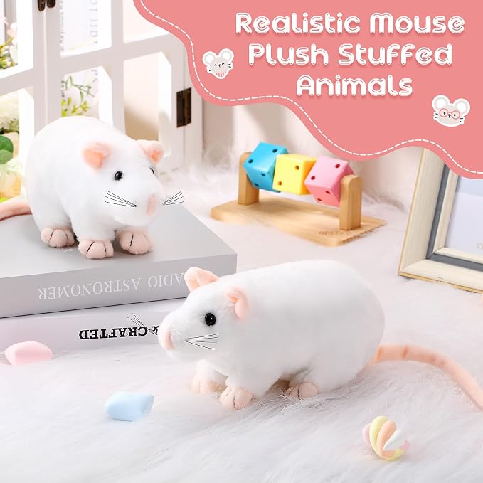 Kasyat 4 Pcs Fake Rat Stuffed Animals 7 Inch Fake Mouse Plush Toys Soft Cuddly Stuffed Mouse Realistic Rat Plushies for Birthday Prank Props April Fools Tricks(White)