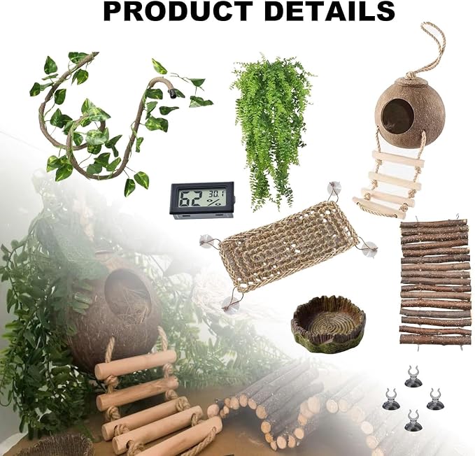 TEICCI Bearded Dragon Tank Accessories Set,10-Piece Kit Leopard Gecko Tank Accessories with Bearded Dragon Hammock, Large Reptile Bridge Hammock,Decor Suitable for Lizards, Geckos, and Chameleons