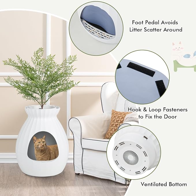 PETSITE White Plant Litter Box, Cat Hidden Litter Box Enclosure with Artificial Plant, Advanced Odor Removal System, Detachable Door Curtain, Cat Litter Scoop, Large Planter Litter Box