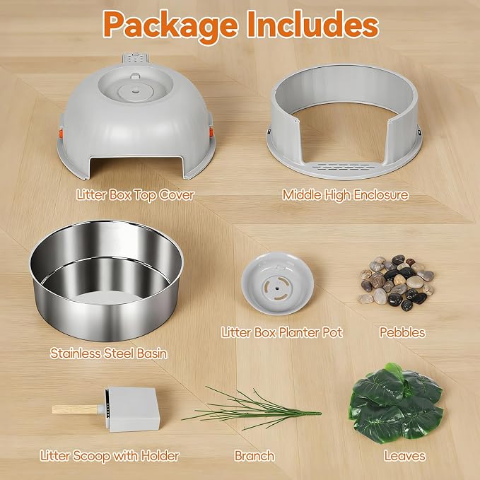 Hidden Cat Litter Box Enclosure with Artificial Plant, Stainless Steel Litter Box Furniture, Decorative Round Planter Includes Scoop, Pebbles, Carbon Filter, Easy to Clean (Light Grey)