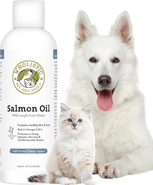 Wholistic Pet Organics Wild Alaskan Salmon Oil for Dogs and Cats - Omega 3 Fish Oil for Dogs & Cats - Cat & Dog Skin and Coat Supplement for Heart, Joints - DHA, EPA Omega 3 Liquid Food Topper - 16 oz