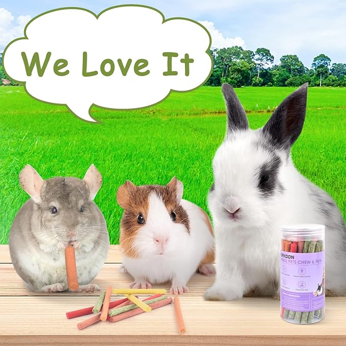 ERKOON 120Pcs Rabbit Timothy Hay Sticks, Five Flavors：PurplePotato/TimothyHay/Pumpkin/Strawberry/Carrot，Suitable Guinea Pig, Hamste, Gerbil, Chinchilla Treats, Chew Toys for Teeth for Bunnies