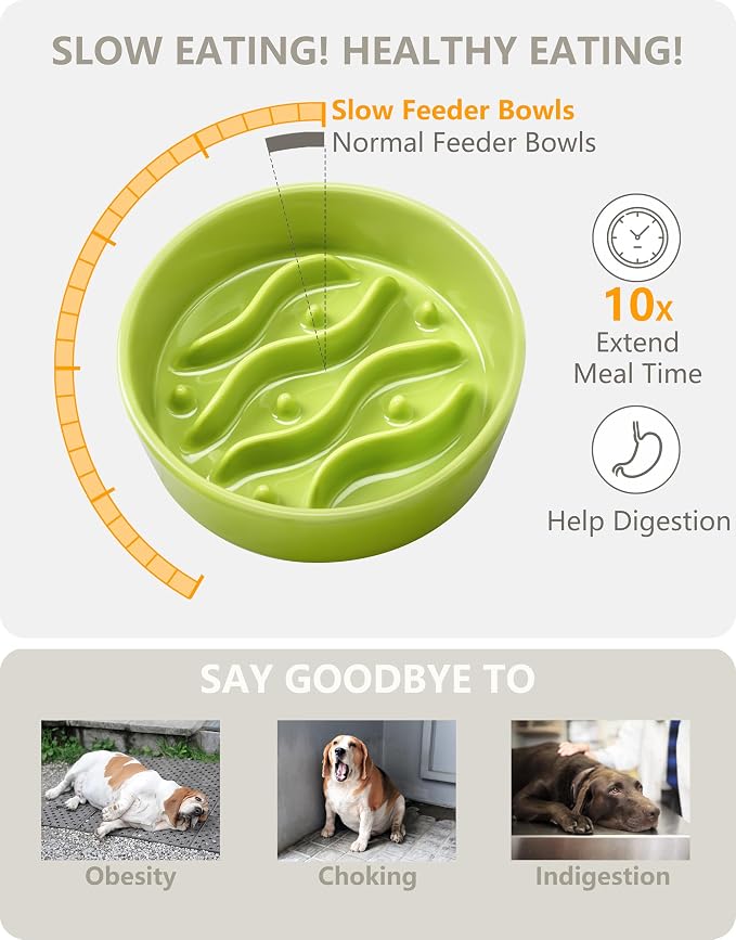 Ceramic Slow Feeder Dog Bowls Elevated, 0.6 Cup Dog Slow Feeder for Small Dogs, Puzzle Maze Bowl, 14oz, 6in, Lime Green