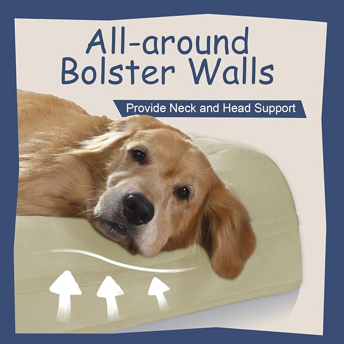 Large Orthopedic Dog Beds, Waterproof Dog Bed with Removable Cover, 4-Sides Bolster Support Pet Soft Sofa with Nonskid Bottom, Washable Pet Beds for Large Dogs, Beige