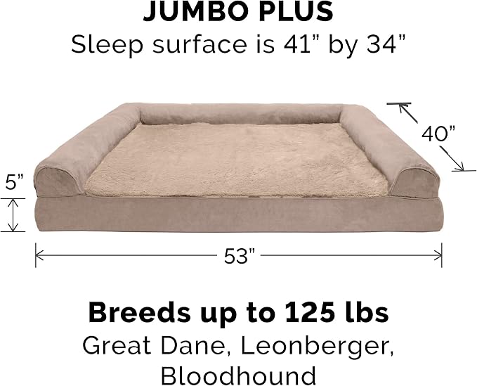 Furhaven Cooling Gel Dog Bed for Large Dogs w/ Removable Bolsters & Washable Cover, For Dogs Up to 125 lbs - Plush & Suede Sofa - Almondine, Jumbo Plus/XXL