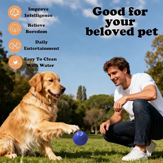 Interactive Duraspin Dog Ball, Self-Bouncing Vibrating & Auto-Rolling, Auto Stop Touch Start Jumping Ball Toy for Medium/Large Dogs (S, Blue)