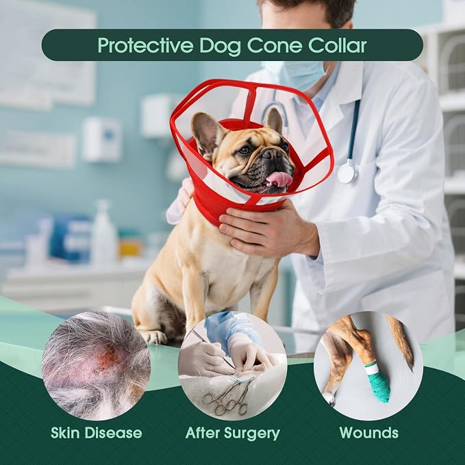 Kuoser Medium Dog Cone Collar After Surgery, Soft Cone for Dogs to Stop Licking, Breathable Pet Recovery Collar Comfy Elizabethan Collars, Adjustable Protective Dog Cones for Medium Dogs, Red M