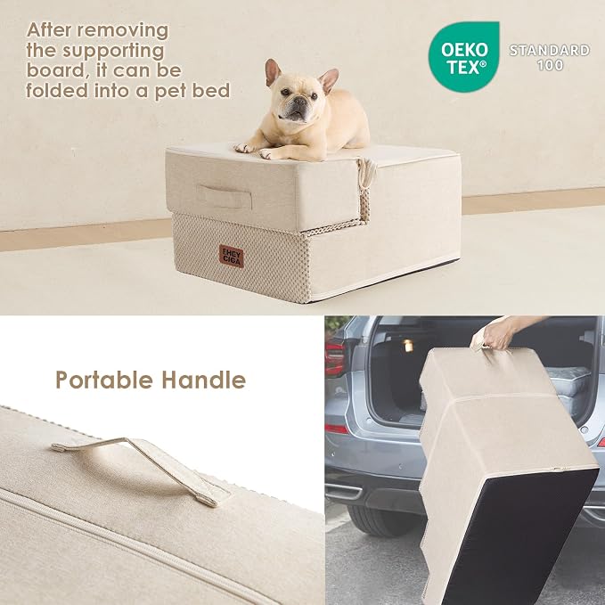EHEYCIGA Dog Stairs for Small Dogs 13.5" H, 3-Step Dog Steps for Couch Sofa and Chair, Pet Steps for Medium Cats, Non-Slip Balanced Pet Ramp Indoor, Beige