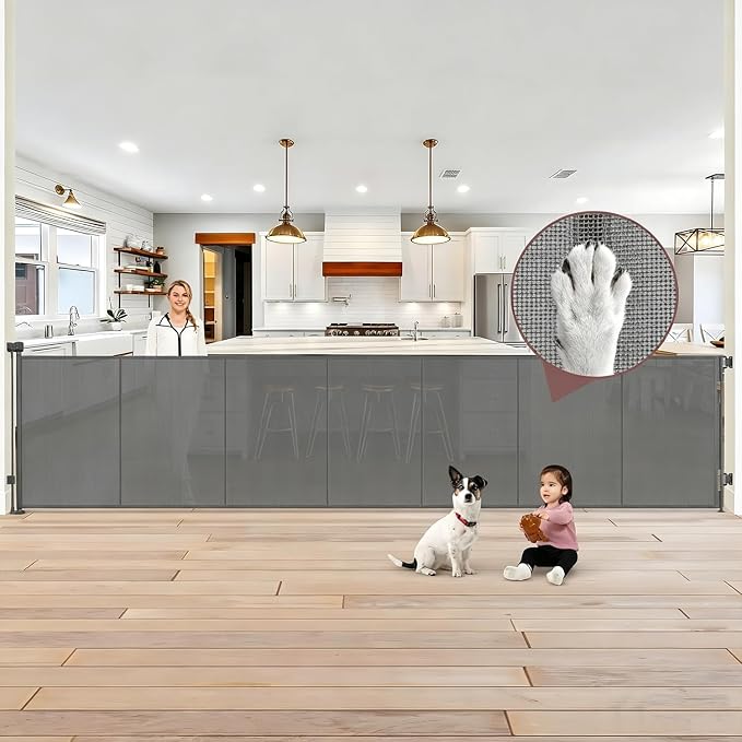 Reinforced 41 Inch Extra Tall Retractable Dog Gate 200" Extra Wide Retractable Baby Gate with Support Rods, Indoor Baby Fence for Living Room Outdoor Mesh Dog Gate Retractable Gates for Dogs, Gray