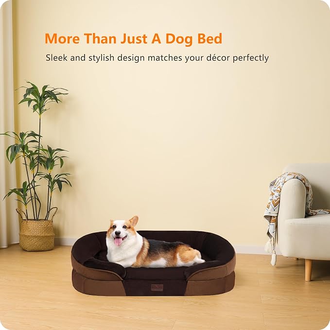 Dwanton Orthopedic Dog Bed for Medium Dogs with Gel Memory Foam, Waterproof Dog Sofa, Washable Pet Bed with Four Sided Bolster Cushion, Removable Cover & Non-Slip Bottom, 36", Brown