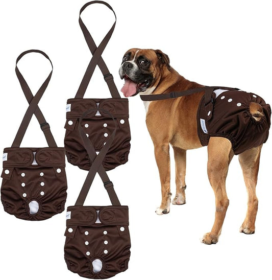 Pet Soft Dog Diapers Female with Suspenders, 3 Pack Reusable Female Dog Diapers for Heat, Dog Period Panties for Doggie in Cycle(X-Large, Bear Brown)