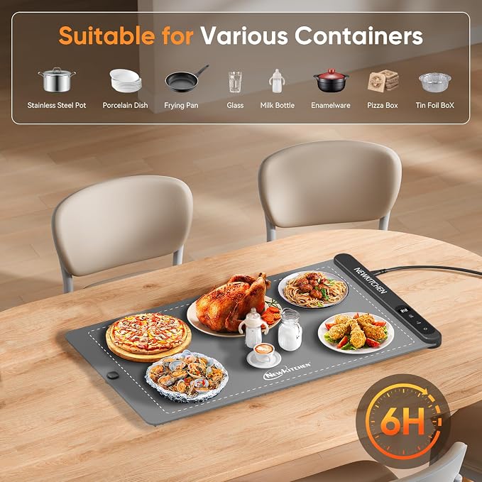 NEWKITCHEN Warming Mat for Food, (XL 24"x15") Food Warming Mat for Parties Buffet 6 Temp 6 Hour Settings Upgrade Graphene Fast Full Surface Heating -Versatile Food Warmer for Gatherings, Parties