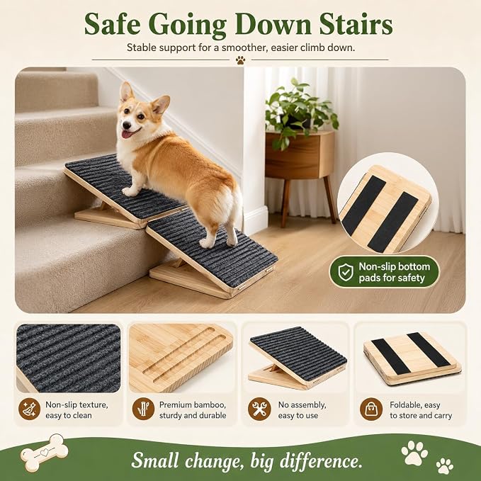 Dog Ramp for Stairs, 2 Pack Foldable Stair Ramp for Dogs, Adjustable Solid Wood Pet Steps for Small Dogs, Senior, Short-Legged and Injured Pets, Elderly Dog Stair Wedges Assist