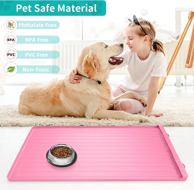 Dog Mat for Food and Water - 39.4" x 27" Large Pet Feeding Mats with Residue Collection Pocket - Waterproof Dog Cat Bowl Mat with High Edges to Prevent Water and Food Spills (Pink, 39.4''x27'')