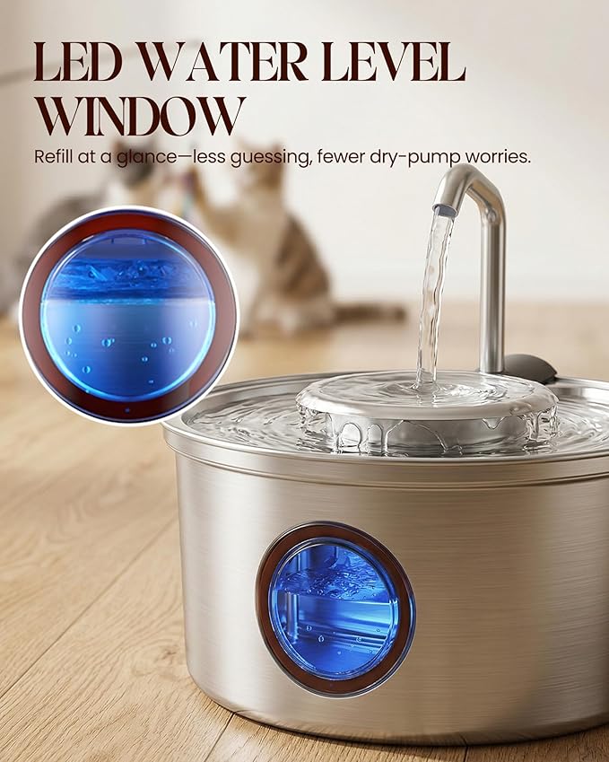 Hicuper Cat Water Fountain,108oz/3.2L Stainless Steel Cat Fountain and Removable Water Bowl,Pet Fountain with Water Level Window,Quiet Pump,Multi-Filter, Water Tap, Provides Flowing,for Dog Cats