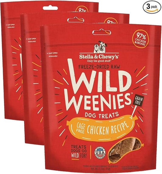 Stella & Chewy's Freeze-Dried Raw Wild Weenies Dog Treats - High-Protein Training Treats for Dogs & Puppies - All-Natural Chicken Recipe with 97% Meat & Organs - USA Made - 3.25 oz Bag (Pack of 3)