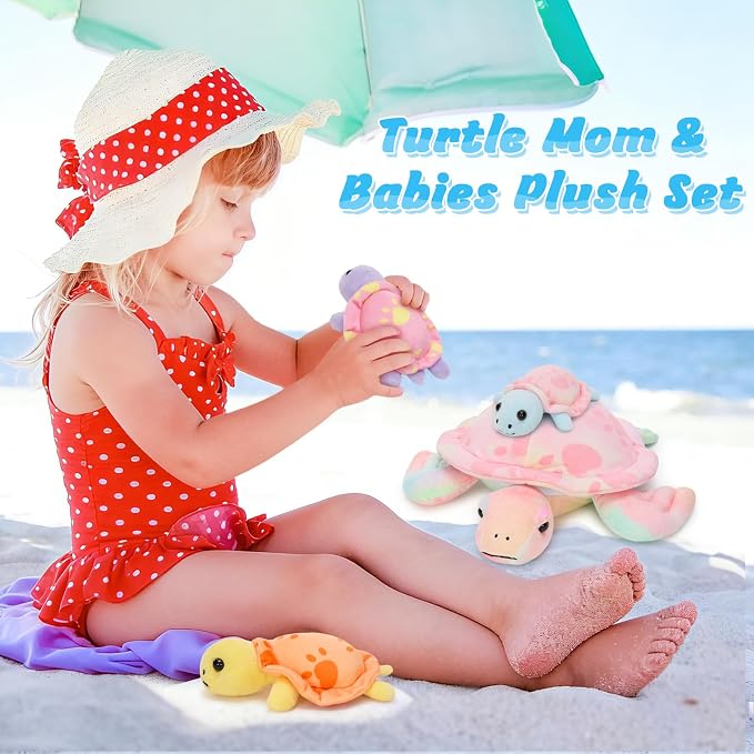 Muiteiur Turtle Stuffed Animals 4 Packs, Sea Turtle Plush Toy Set - Soft Mommy Stuffed Animal Turtle with 3 Babies, Cute Toys for Kids & Toddlers (Pink)