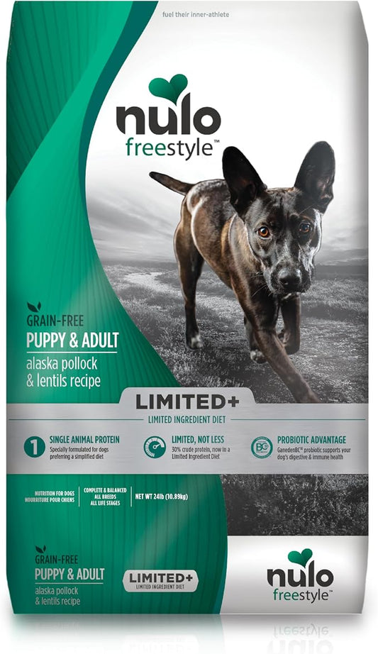 Nulo Freestyle Limited Ingredient Dry Dog Food - High Protein Alaska Pollock & Lentils Recipe, Natural Grain Free Dog Food for Puppies & Adults, Small, Medium and Large Breed Kibble, 24lb Bag