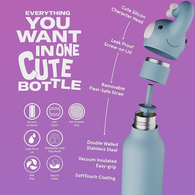 asobu Bestie Bottle Insulated Stainless Steel Water Bottle with Detachable Soft Animal Head Fun Drinking For Kids and Teens with Flexible Reusable Straw 16 Ounce (Elephant)