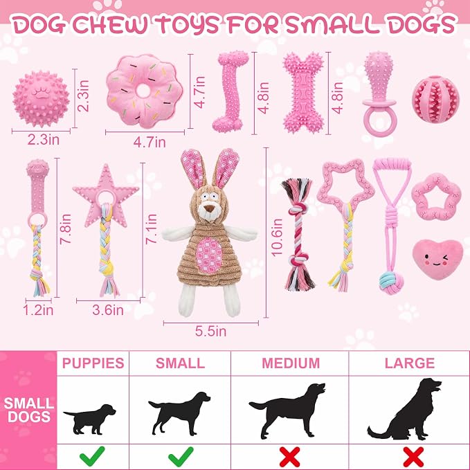 Leitee 14 Pcs Puppy Toys for Teething Dog Chew Toys for Small Dogs Soft Interactive Squeaky Plush Balls Doggy Teeth Tug of War and Rope for Small Dogs Puppy (Classic,Pink)