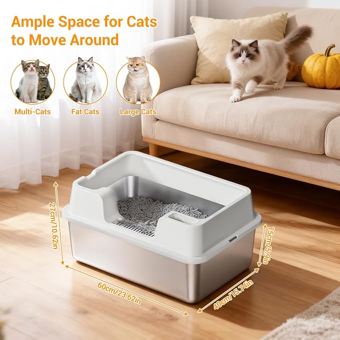 24.6 Inch Large Cat Litter Box, Semi-Enclosed Stainless Steel & PP Pan with High Sides for Anti-Leakage, Flip-Top Lid & Scoop Included for Large Cats-Beige