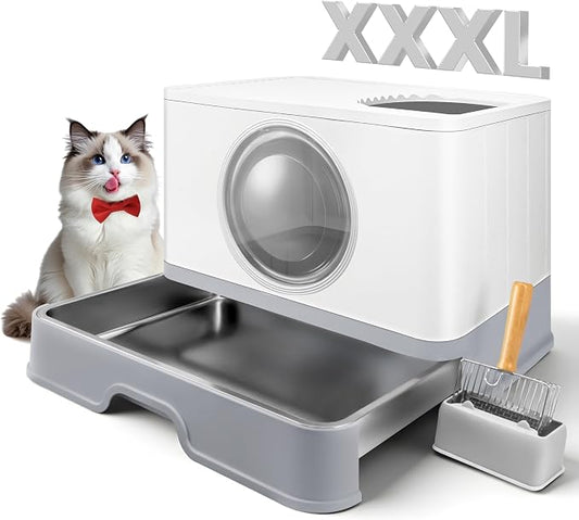 XXXL Stainless Steel Litter Box with Lid, Front Entry & Top Exit, Drawer Design, Scoop & Mat, for Maine Coon, Big & Multi-Cat Homes