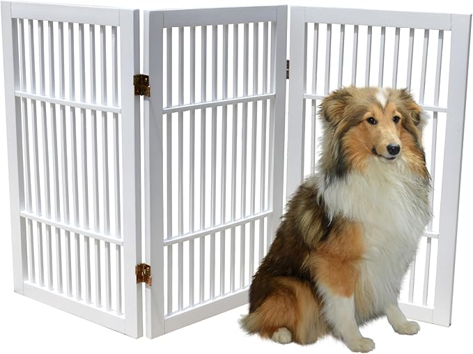 Urnporium Pet Dog Gate Freestanding, Strong Durable Folding Wooden Fence, Portable Acacia Hardwood Safety Barrier for Indoor & Outdoor Use (White Pet Gate, 3 Panel 30" Tall)