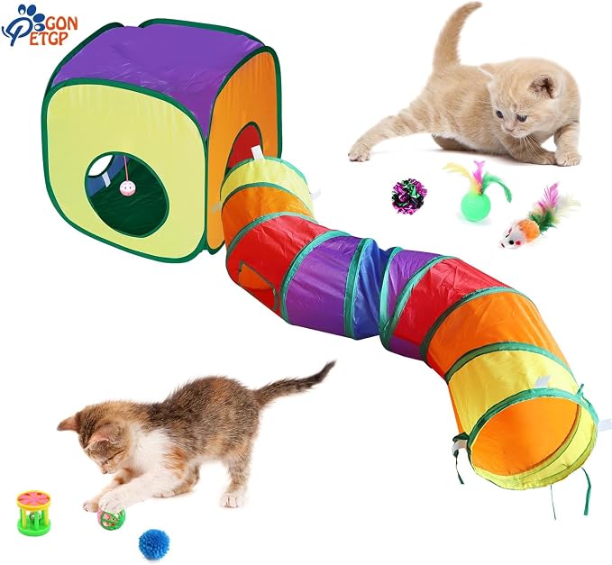 GONPETGP Cat Toys for Indoor Cats, Kitten Toys Set, Collapsible Pet Tunnel Cube Tent Toys, Interactive Cat Feather Teaser Wand Cat Bell Balls Fuzzy Ball Springs Mouse Toys (Rainbow)