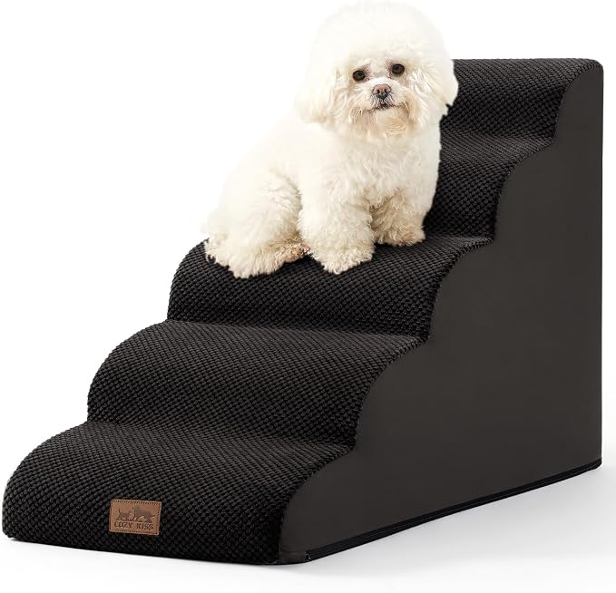COZY KISS Wide Dog Stairs for Small Dog 22.6" H, Curved Pet Step for Puppy, Older Cat, Curved Ramp for High Bed or Car, Ladder with High Density Foam, Durable, 5 Step, 17.7x33x22.6 inch, Black