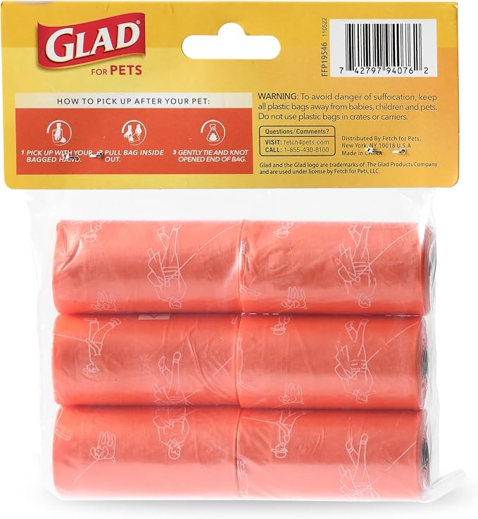 Glad for Pets Heavy Duty Dog Poop Bags, Scented Leak-Resistant Waste Bags with Fun Print Design, Tear-Resistant for Confident Pickup, Fits Standard Dispensers, 6 Rolls, 90 Count (Pack of 2)