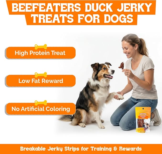 Beefeaters Duck Jerky Strips for Dogs 3oz (Pack of 6), Oven-Baked High Protein Dog Treats Duck Jerky - Low Fat Grain-Free Dog Snacks - No Corn, Wheat or Soy - Chewy Jerky Treats for Training & Rewards