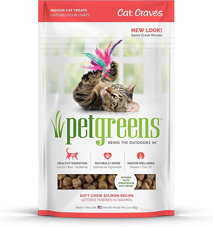 Pet Greens Soft-Chew Indoor Cat Treats Infused with 4 Pack of Semi-Moist Craves Savory Salmon, Deep Sea Tuna, Roasted Chicken and Turkey and Duck Flavored Treats