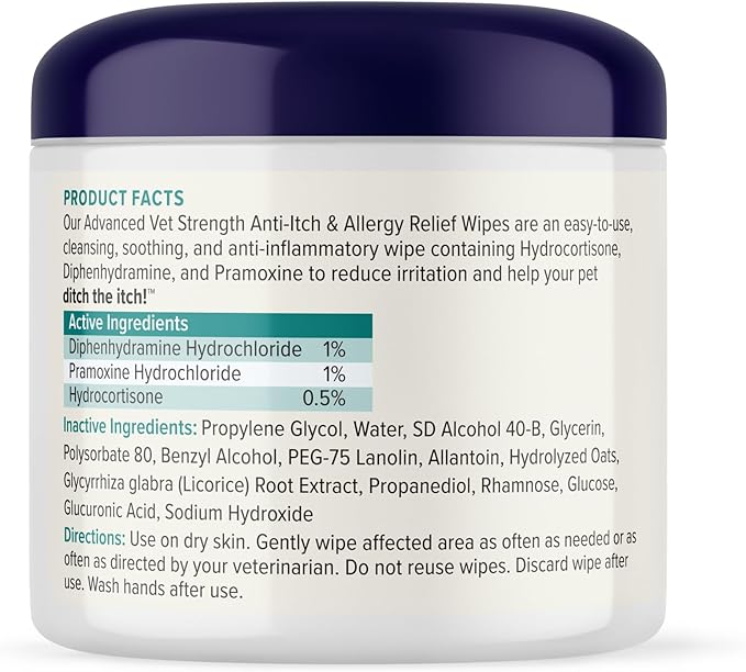 Vetnique Dermabliss 3-in-1 Anti Itch Wipes for Dogs & Cats, Allergy Relief | Hydrocortisone, Pramoxine & Antihistamine Wipes Calm Itching, Paw Licking and Odor for Dogs & Cats; Gentle No-Sting relief