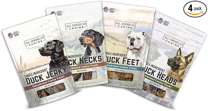 All American Canine Quack Pack – Dehydrated Duck Feet, Necks, Heads and Jerky for Dogs – Single Ingredient, High Protein Chews – Grain-Free, Made in USA
