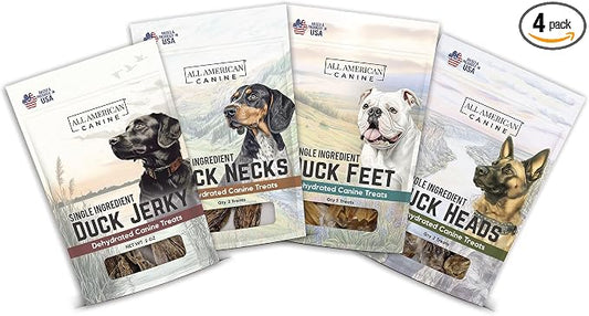 All American Canine Quack Pack – Dehydrated Duck Feet, Necks, Heads and Jerky for Dogs – Single Ingredient, High Protein Chews – Grain-Free, Made in USA