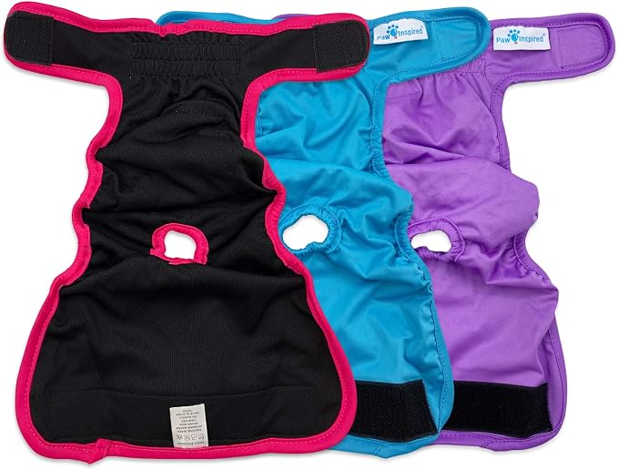 Paw Inspired Washable Dog Diapers (3 Pack) | Reusable Cloth Doggy Diapers for Female Small, Medium, Large Size Dogs (Pink, Blue, Purple Colors with Black Lining, Size Small)