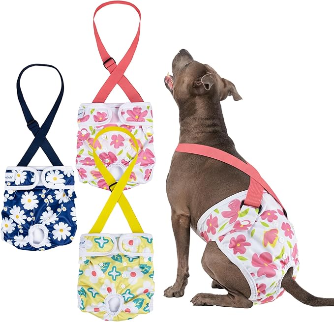 Pet Soft Dog Diapers Female with Suspenders, 3 Pack Reusable Female Dog Diapers for Heat, Dog Period Panties for Doggie in Cycle(Large, Flowers)