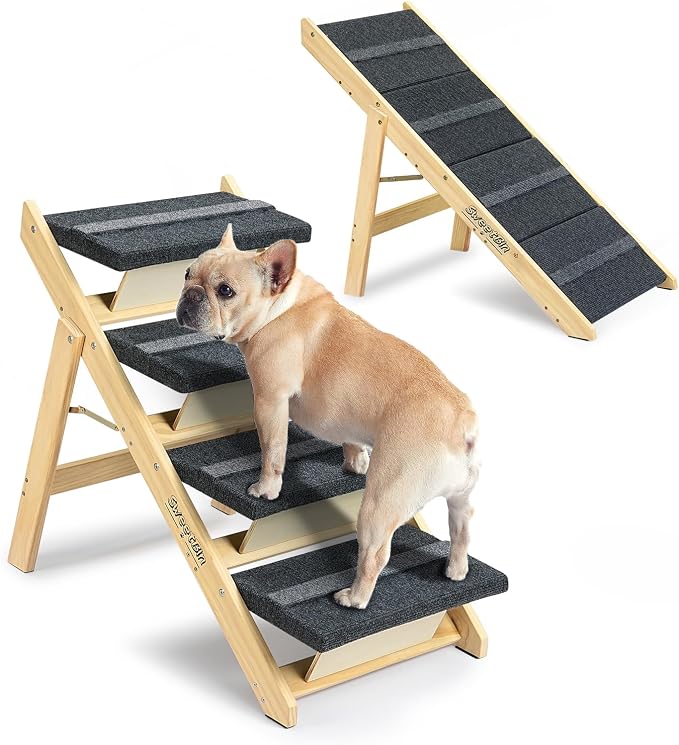 Wooden Dog Stairs& Dog Steps, 2-in-1 Foldable Dog Steps for High Beds, Couch and Cars, Anti-Slip Pet Ramp with 4 Steps Indoor Pet Stairs for Small Medium Large Older Pet Cats up to 150lbs