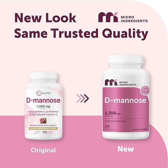 Micro Ingredients D Mannose 1,300mg Per Serving with Cranberry | 240 Veggie Capsules + Fat-Soluble Vitamin C & 1 Million CFU Probiotics Blend | Daily D Mannose Formula for Women | Filler Free, Non-GMO