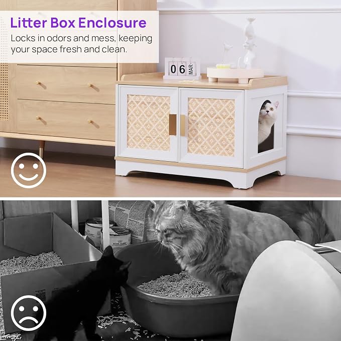 Boho Cat Litter Box Enclosure Furniture, Hidden Litter Box Cabinet with Rattan Doors, Modern Cat Washroom, Wooden Cat House with Reversible Entrance & Top Perch (29.6”L x 21”W x 20.8”H)