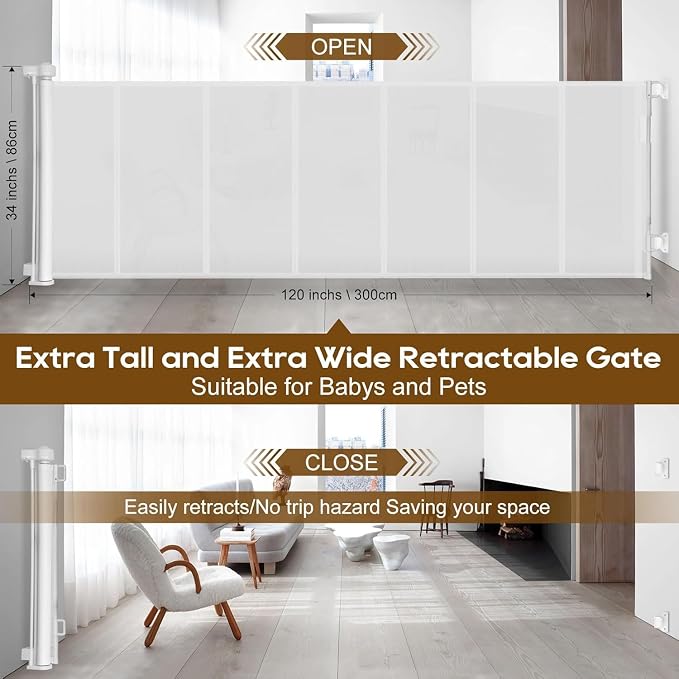 Miumoon 100 inch Retractable Baby Gates 34 inch Tall, Retractable Gate with Reinforced Strip Design to Prevent Crawling Through, 8 FT Extra Wide Retractable Dog Gate for Indoor/Outdoor