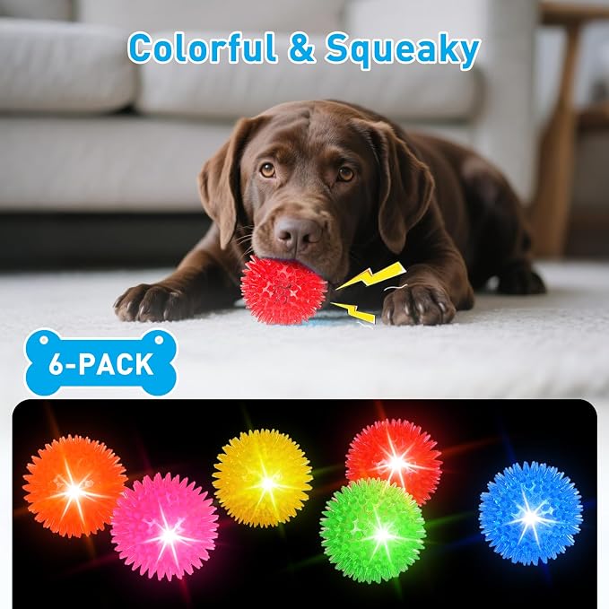 Novkin 6-Pack 3.5” LED Light-Up Squeaky Dog Toy Balls ，Durable Interactive Glow Fetch Toys for Aggressive Chewers，BPA Free Non-Toxic, Spiky Puppy Chew Balls