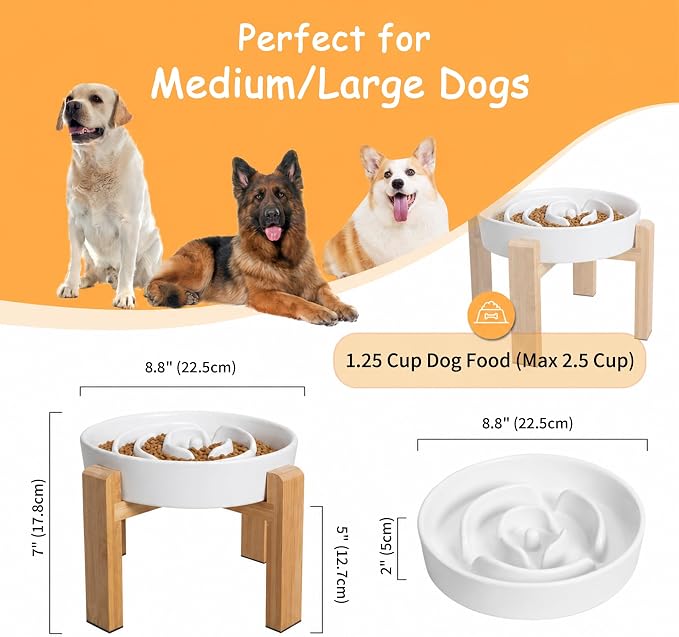 Elevated Slow Feeder Dog Bowl Large Breed, 8.8 Inch Ceramic Slow Eating Bowl with Screw-Assembled Bamboo Stand, Anti-Choking Raised Maze Design for Medium to Large Dogs, 3.2 Cup, White