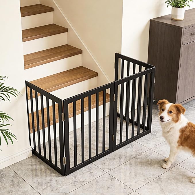 Dog Gate Indoor, Freestanding Dog Fence for The House, Doorways, Hallways,or Stairs,Pet Gate Foldable Wooden,Expandable 32" Height 2 Panels,Black