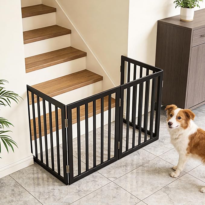 Dog Gate Indoor, Freestanding Dog Fence for The House, Doorways, Hallways,or Stairs,Pet Gate Foldable Wooden,Expandable 32" Height 4 Panels,Black